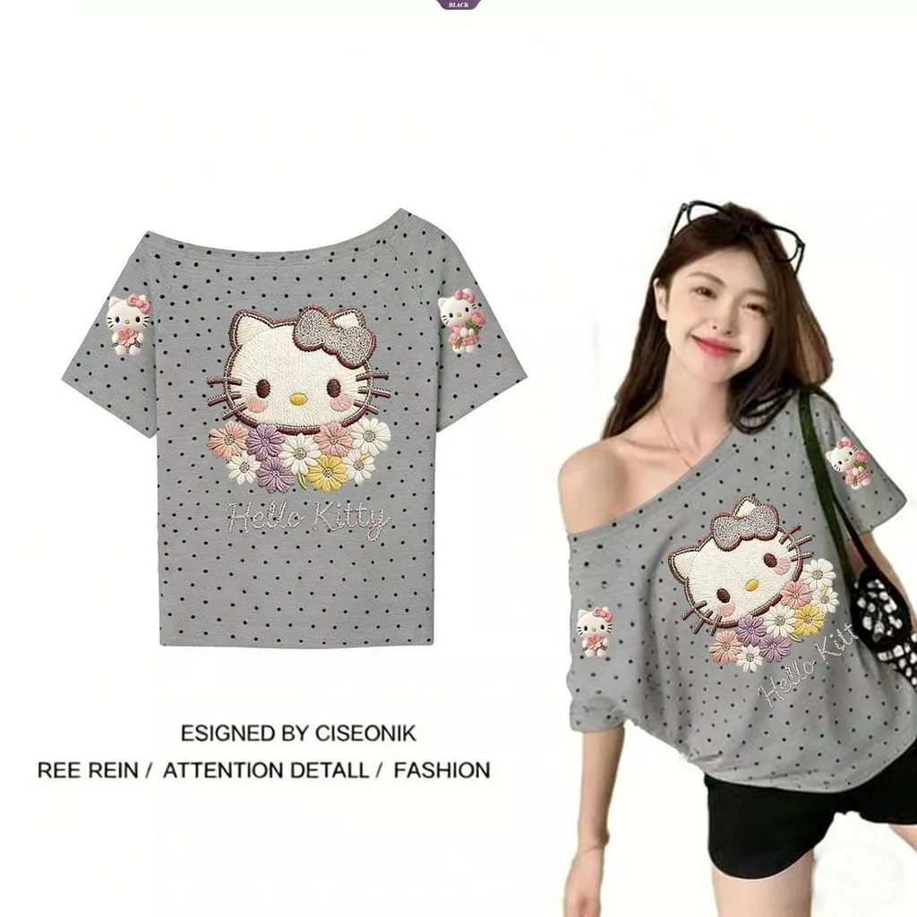 Áo thun ngắn tay chấm bi Hello Kitty lệch vai, thời trang mùa hè