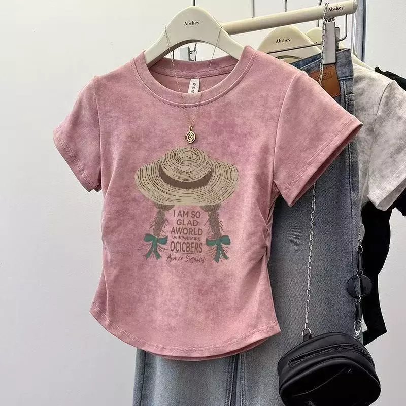Nữ Vintage Rửa Màu Hồng Ruched Áo Thun Cổ Tròn Tay Ngắn Slim Fit Top