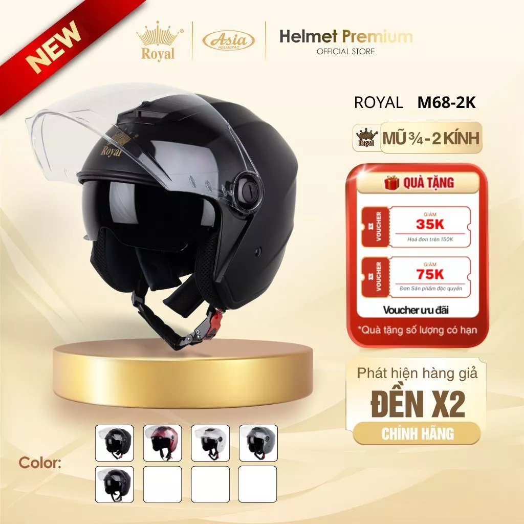 Mũ Bảo Hiểm 3/4 Royal M68 Chính Hãng, Nón Bảo Hiểm Kính Âm Đi Phượt Hạn Chế Tia UV