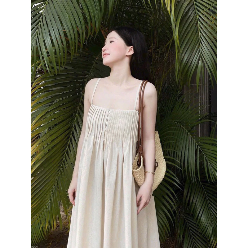 Đầm maxi 2 dây, váy dài linen xếp li ngực dáng suông đi chơi, du lịch đi biển MyaHouse