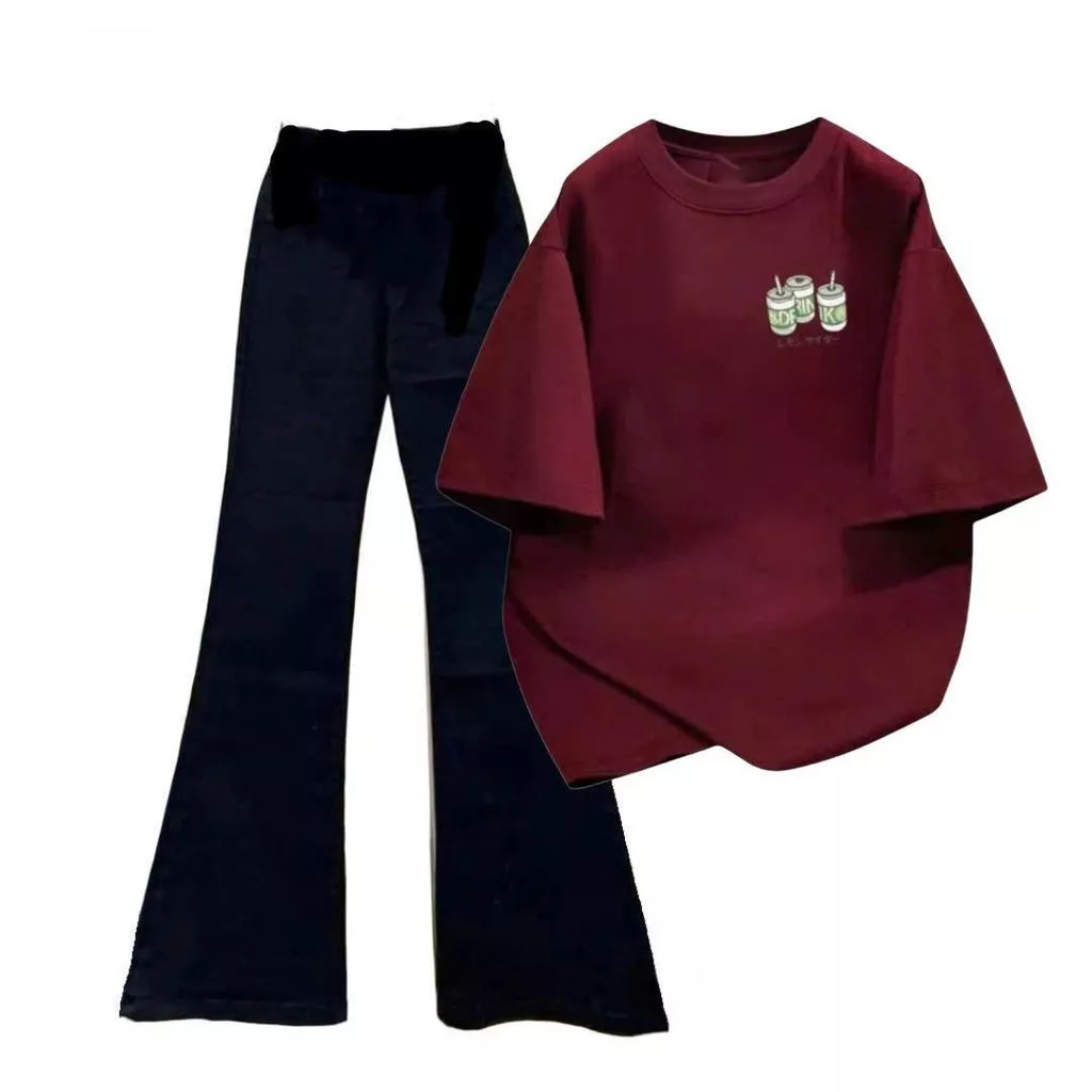 [ MỞ BÁN GIẢM 60% ] sét bộ quần loe  + Áo thun form rộng  mẫu mới trendy- mèo đánh đàn-chang3158