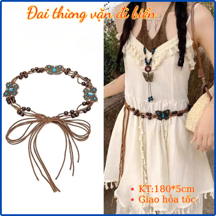 Dây thắt lưng nữ Y2K dệt họa tiết bướm, dây nịt bện thừng phong cách đi biển OLL405
