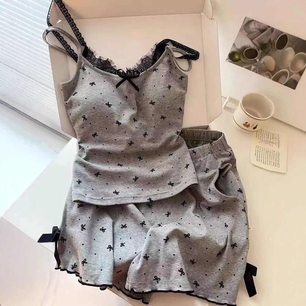 Bộ đồ ngủ nữ ren mỏng mùa hè có đệm ngực quần short phong cách gợi cảm nữ tính thời trang