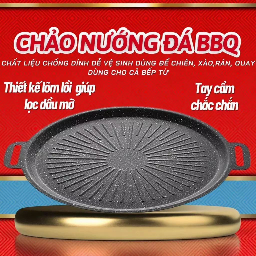 Chảo nướng vân đá chống dính dùng cho mọi loại bếp, chảo nướng thịt BBQ không dầu Hàn Quốc size 34cm Hàng Loại 1