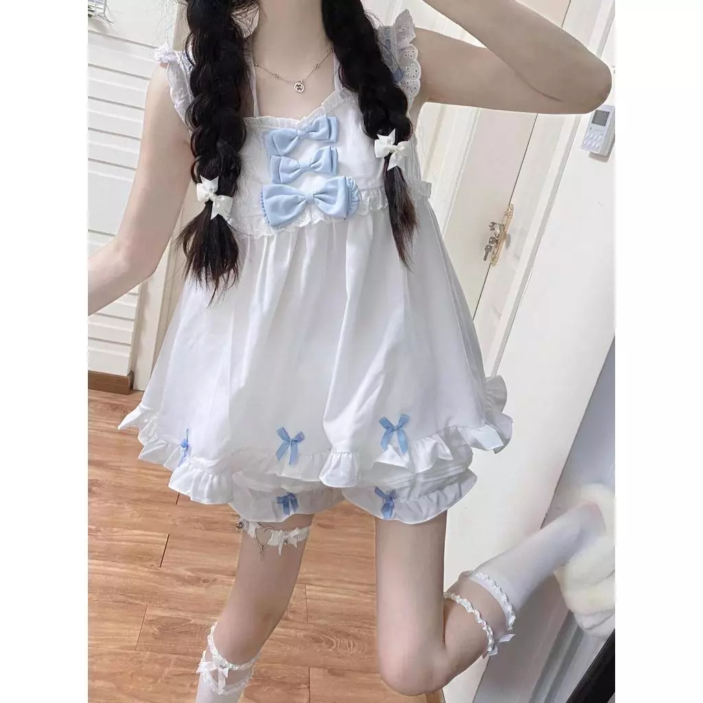 [Pre-Order]-Đồ ngủ nữ phong cách soft girl thuần khiết, quần short ren dễ thương ngọt ngào với tay áo bồng bềnh, phong c