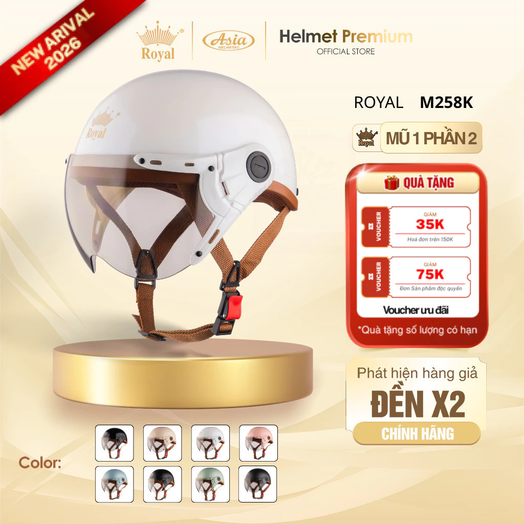 [Độc Quyền] Mũ Bảo Hiểm Nữa Đầu Có Kính Royal M258K Kính Trà, Nón Bảo Hiểm Trắng Bóng Chính Hãng