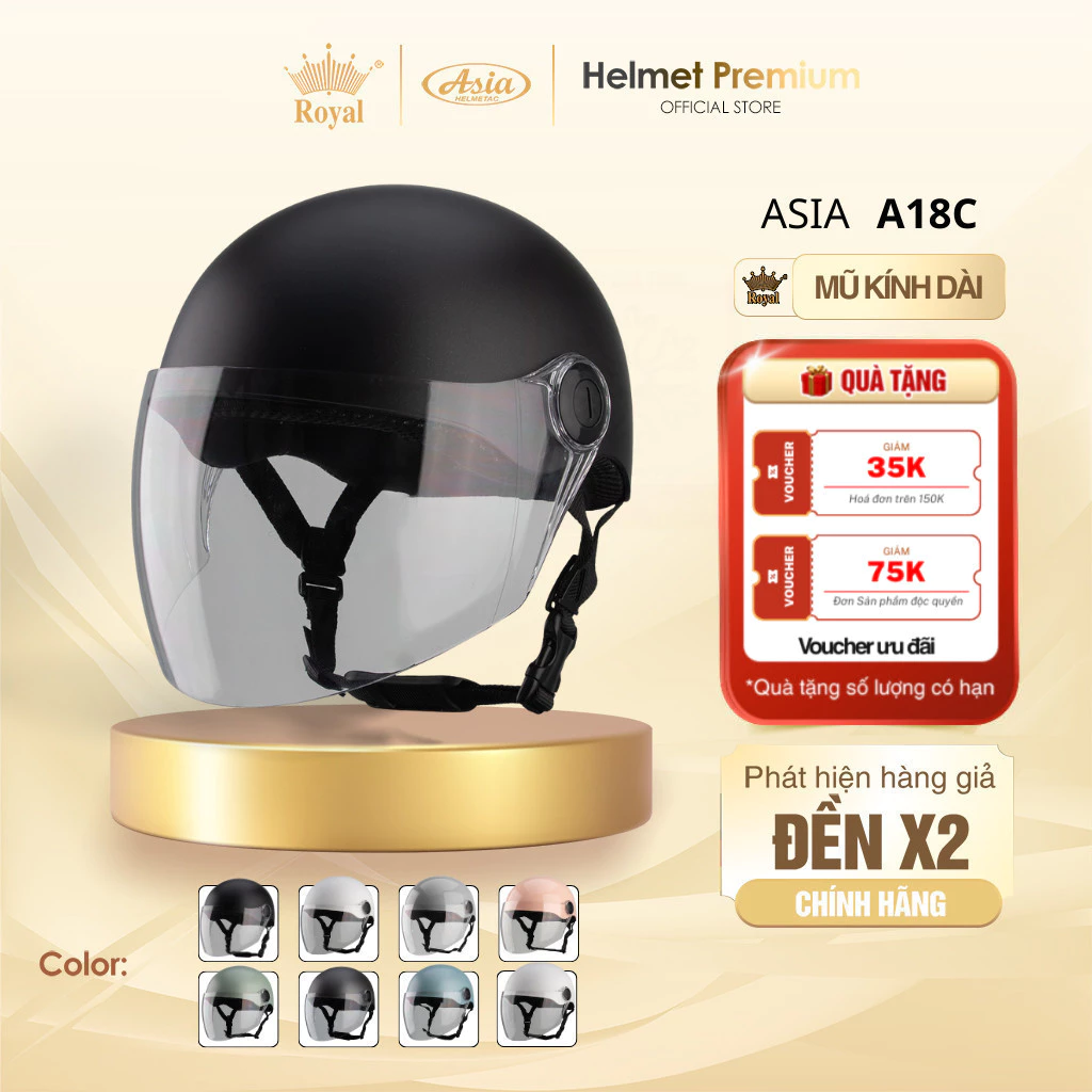 Mũ Bảo Hiểm Nửa Đầu Asia A18C Kính Dài Nam Nữ 1/2 Kính Trắng, Vỏ Nhựa Abs Bảo Hành 1 Năm