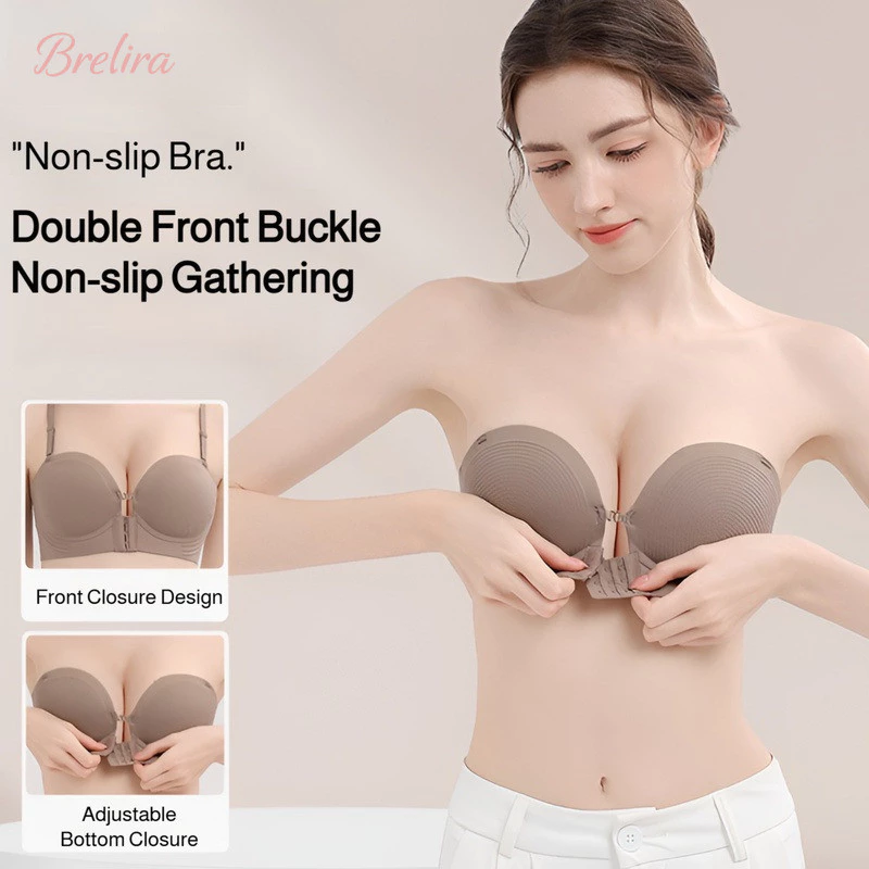 Áo ngực không dây Brelira, cài trước, nâng ngực, chống trượt, có đệm, điều chỉnh được, không đường may, dành cho nữ.