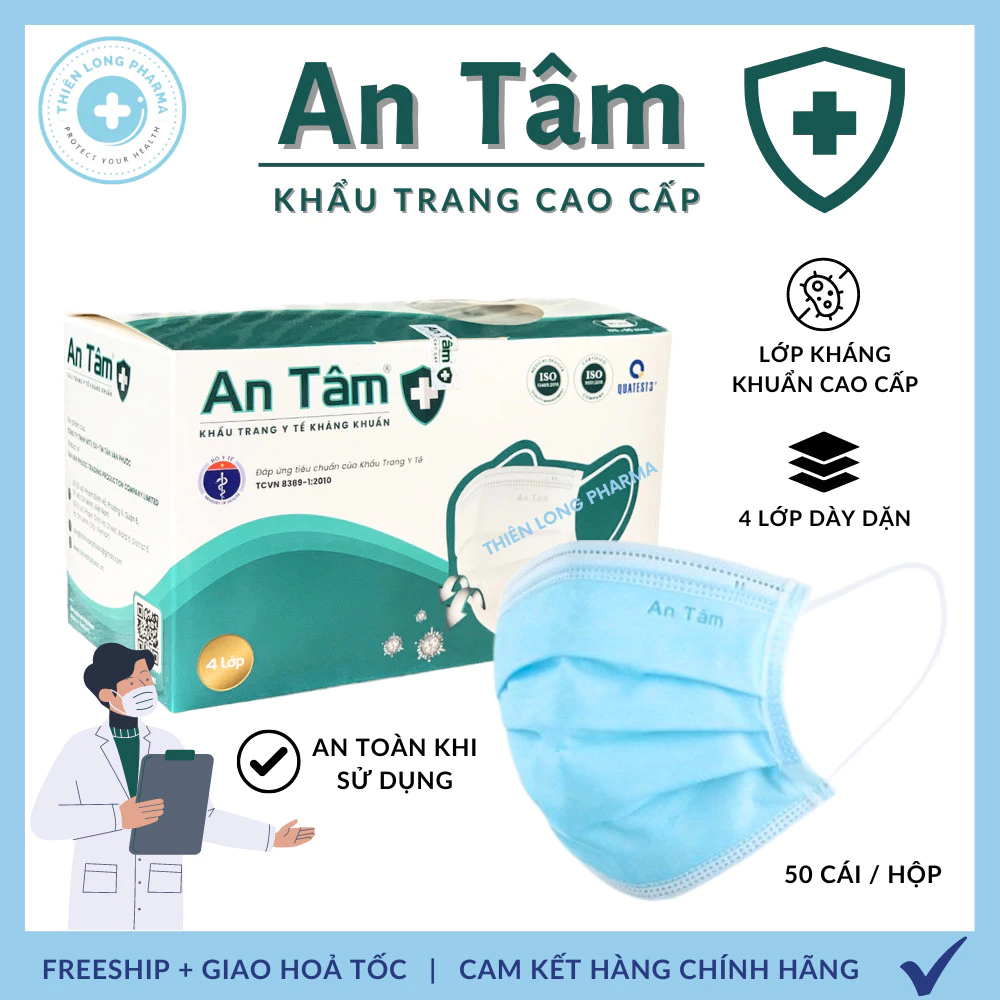 [Hộp 50 Cái] Khẩu trang y tế An Tâm 4 lớp giấy kháng khuẩn hàng chính hãng công ty