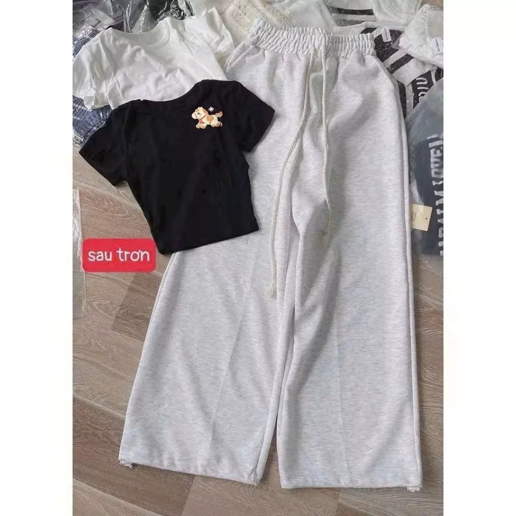 sét bộ quần dài da cá xám tiêu +mix áo thun Croptop chất tăm hình con lân  in ng ự c-chang3158