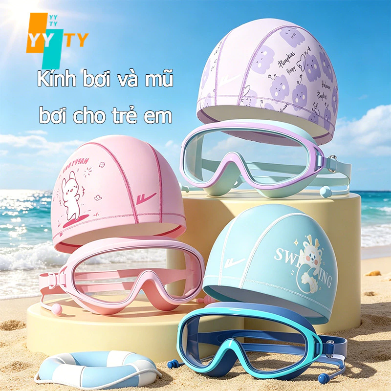 Kính bơi khung lớn cho trẻ em, chống mờ, chống nước, chất lượng cao, kèm nón bơi dễ thương, cao cấp.