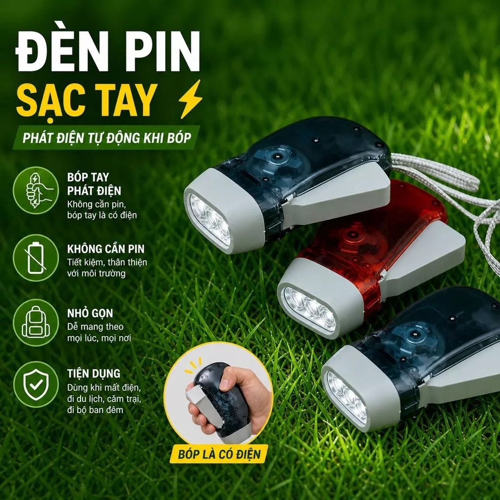 Đèn pin sạc bóp tay mini phát điện tự động nhỏ gọn tiện mang theo đa năng