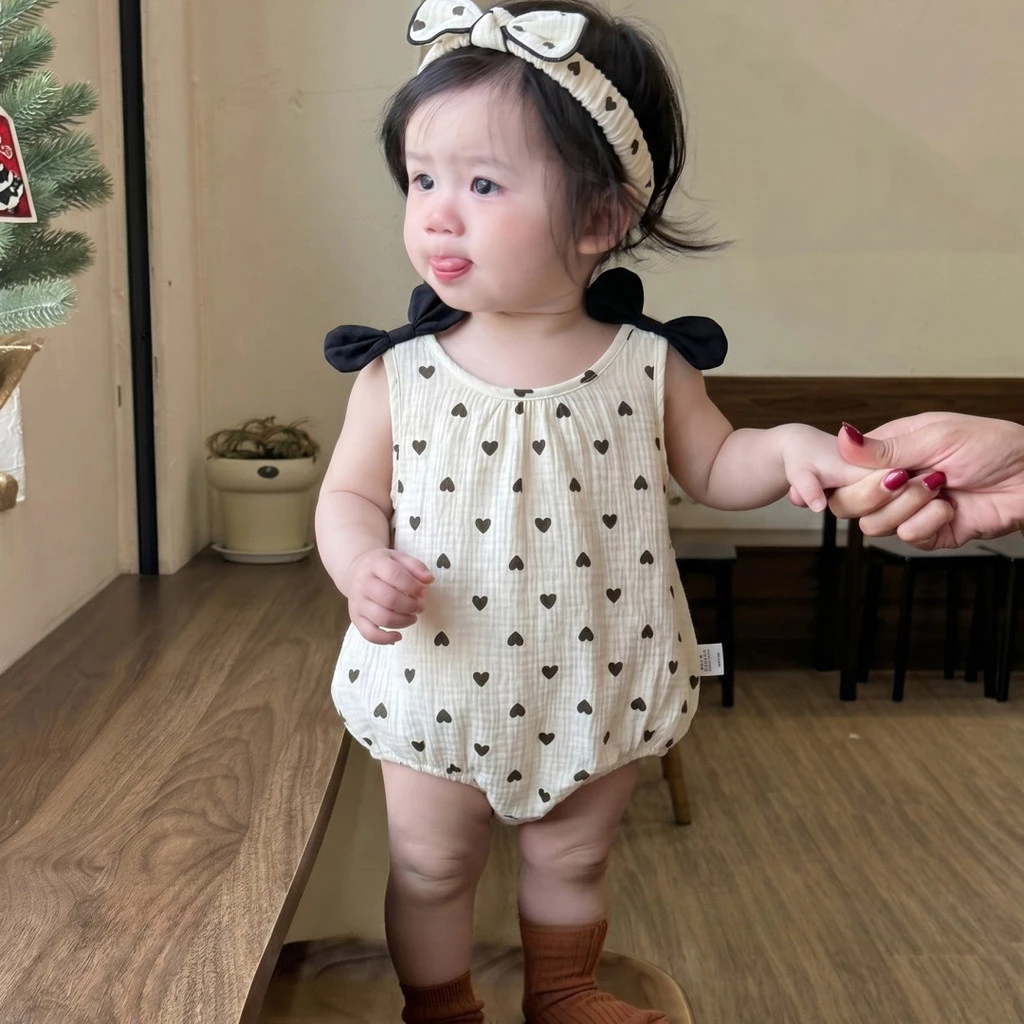 Áo liền quần họa tiết in hình dễ thương mùa hè cho bé gái có băng đô nơ cho bé 0-2 tuổi