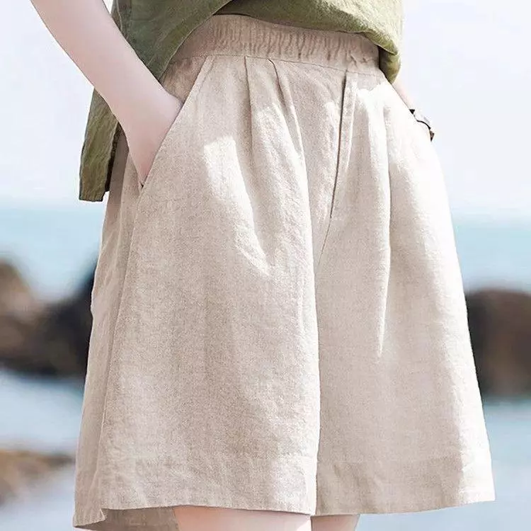 Quần crop Linen Cotton nữ dáng rộng Retro Vải lanh thông thường Quần short ống rộng thoáng khí