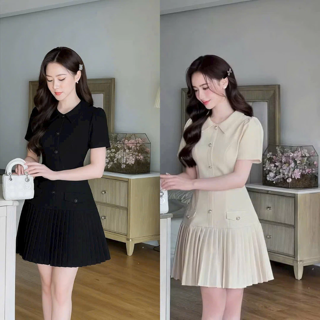 CÓ SIZE XXL - Đầm Nữ NGẮN Thiết Kế XẾP LI Phối nút CỰC XINH HOTTREND