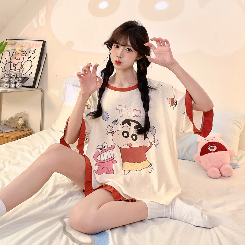 Đồ ngủ bộ tay ngắn cho nữ với họa tiết hoạt hình dễ thương, phù hợp mặc ở nhà