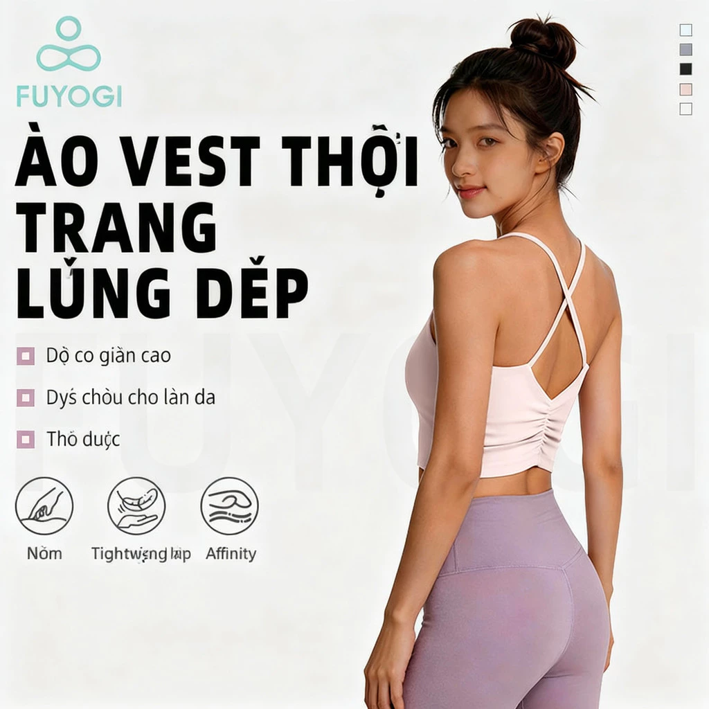 FUYOGI Sports Tank Top Cross Straps Back Shirring Design Tích hợp Áo ngực Yoga Pilates Tập thể dục