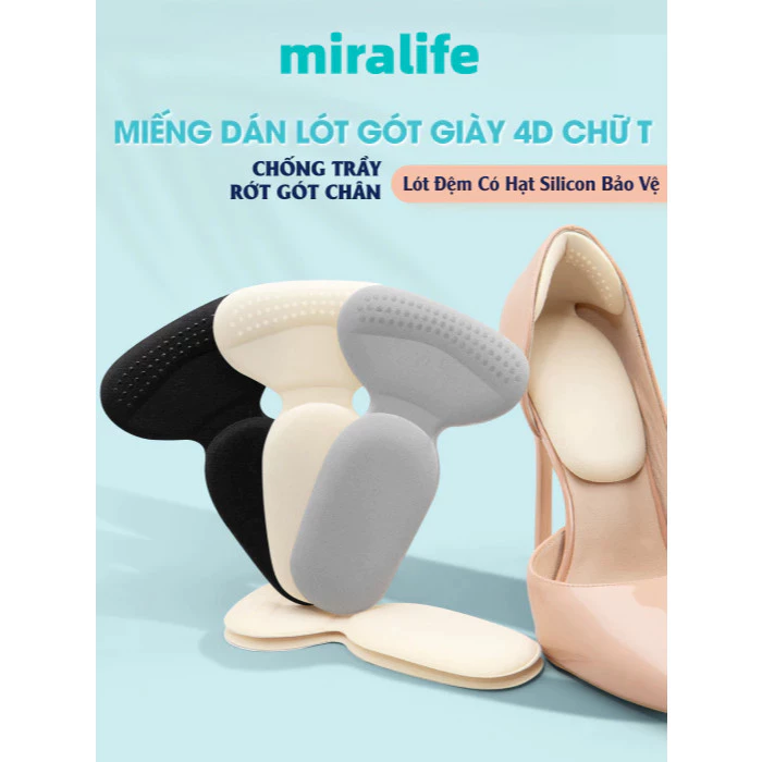 MiraLife Miếng Dán Lót Gót Giày 4D Chữ T Lót Đệm Có Hạt Silicon Bảo Vệ, Chống Trầy, Rớt Gót Chân Giày Cao Gót Bị Rộng