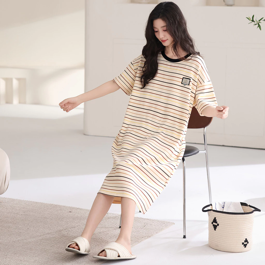 Váy và bộ đồ ngủ nữ mùa hè từ cotton 100%, tay ngắn, họa tiết hoạt hình đáng yêu, phù hợp mặc ở nhà, size M-3XL