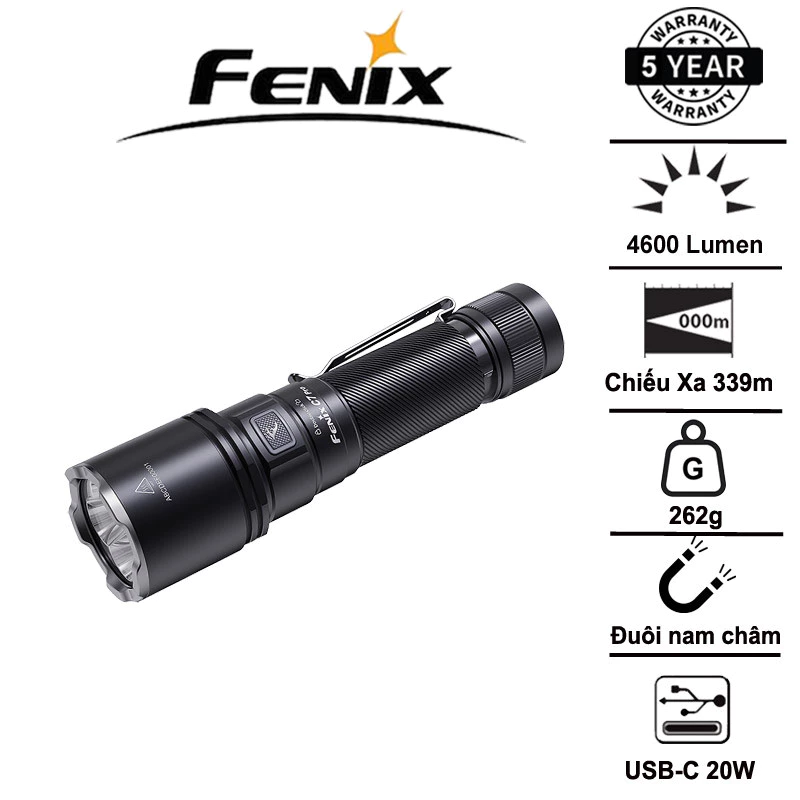 FENIX C7 Pro – Đèn siêu sáng 4600 lumen, chiếu xa 339m, góc chiếu 87°, sạc USB-C 20W, nam châm đuôi