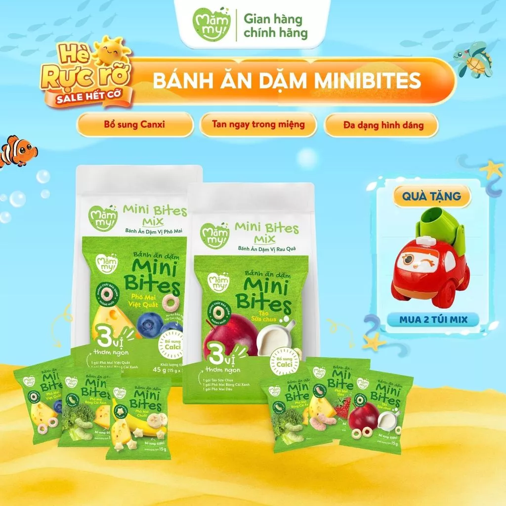 Bánh ăn dặm cho bé Mini Bites Mămmy đủ vị, bổ sung canxi hỗ trợ tập nhai cho bé từ 6 tháng, gói 15g