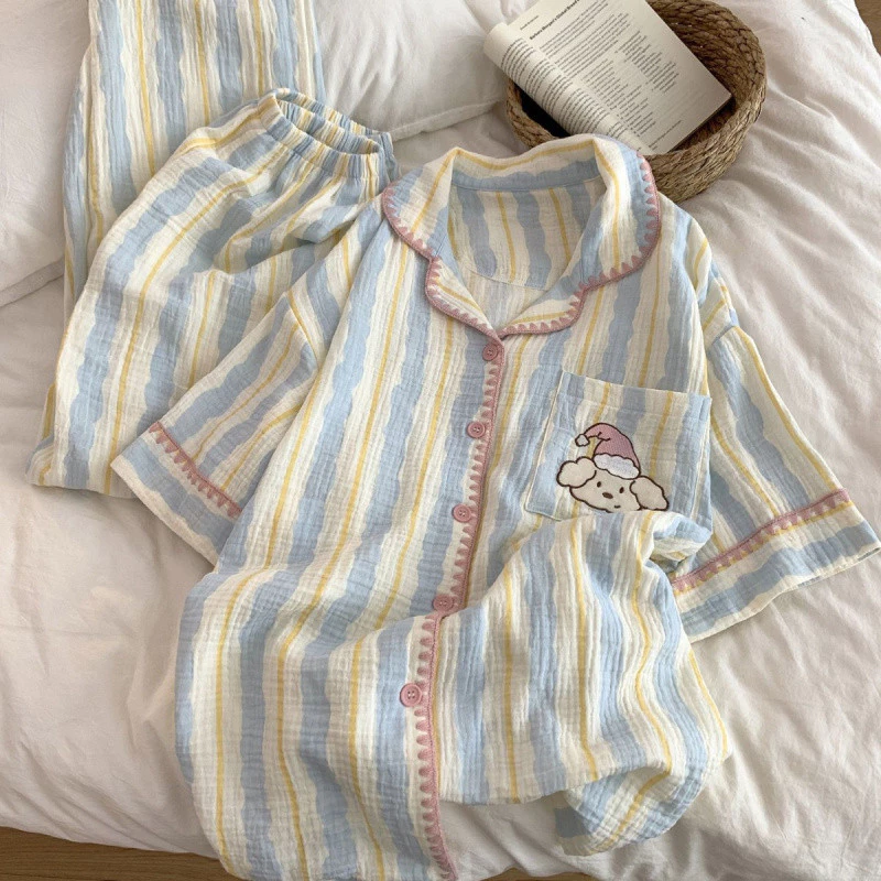 Nhật Bản ins Phong Cách Bộ Đồ Ngủ Nữ Mùa Hè Ngắn Tay Quần Cotton Nguyên Chất Gạc Loungewear Phù Hợp Với