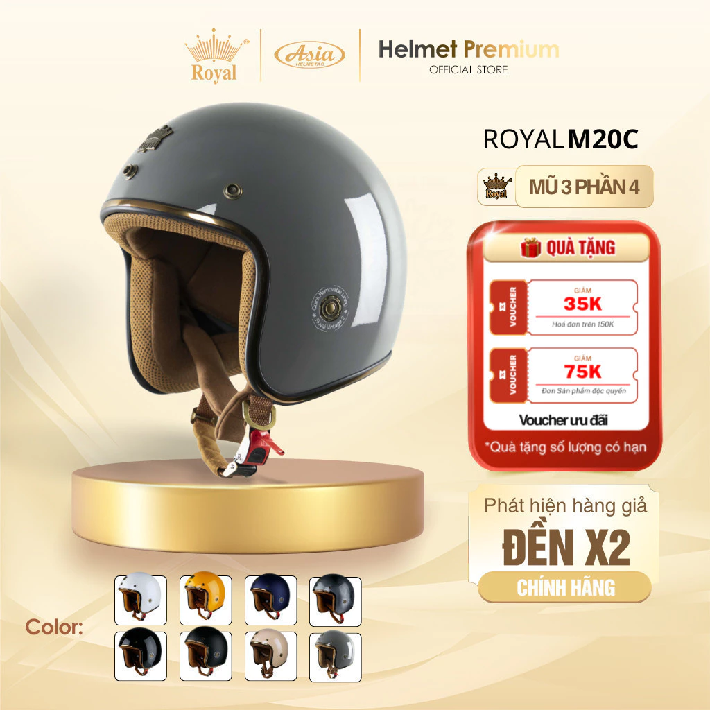 Mũ Bảo Hiểm Nam Nữ 3/4 Royal M20C, Nón Bảo Hiểm Phong Cách Vintage Thời Trang, Nhiều Màu, Chính Hãng