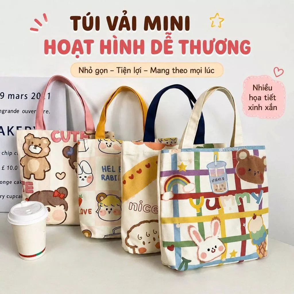 Túi tote canvas họa tiết hoạt hình dễ thương túi vải đựng đồ đi học đi chơi 29cm x 27cm