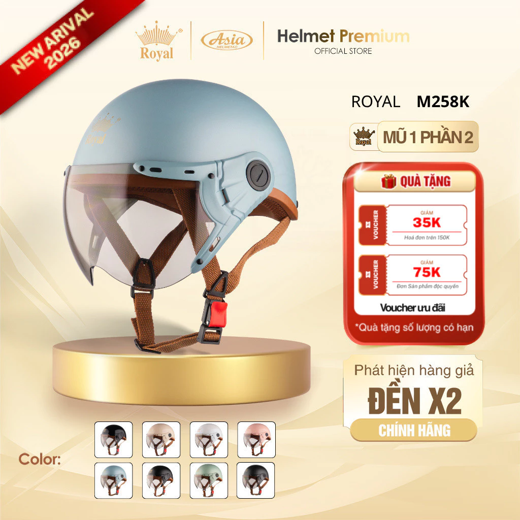 [Độc Quyền] Mũ Bảo Hiểm Nữa Đầu Có Kính Royal M258K Kính Trà, Nón Bảo Hiểm 1/2 Nam Nữ Thời Trang