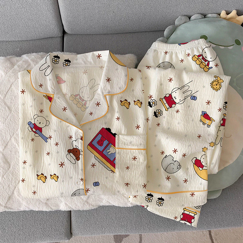 Bộ đồ ngủ nữ cotton in đám mây hoạt hình tay ngắn quần dài đồ ngủ đồ mặc nhà mềm mại