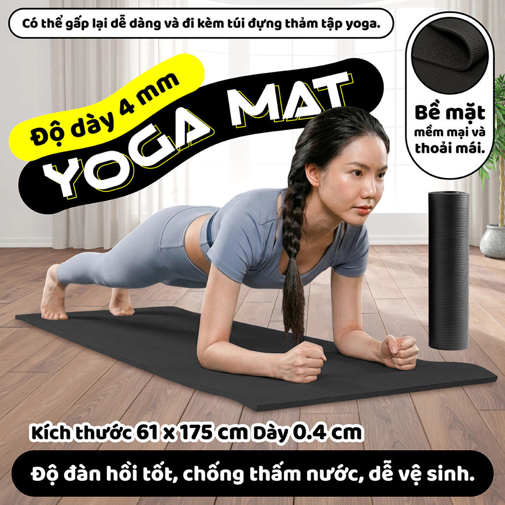 [MALL] - (4mm)Thảm tập Yoga cao cấp Thái Lan loại TPE,kích thước: 173cmx61cm, dày 4mm, màu ĐEN