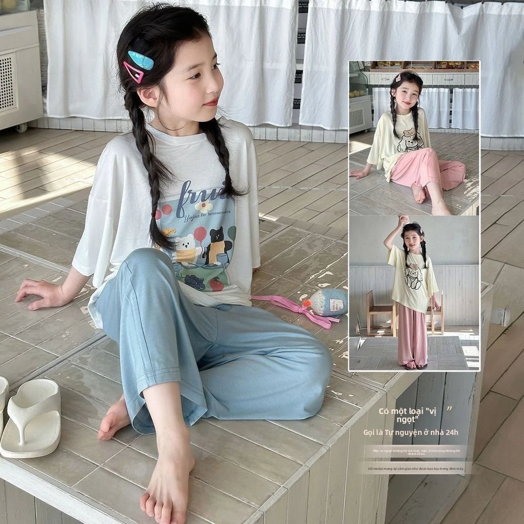 Bộ đồ mặc nhà cho bé – Áo tay lỡ + quần dài cotton, in hình dễ thương, thoáng mát mùa hè