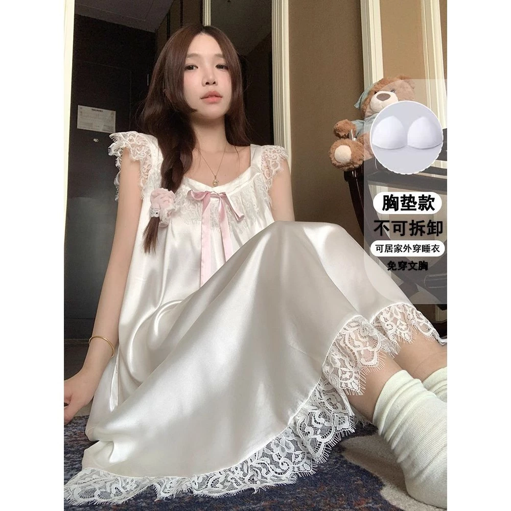 [Pre-Order]-Đầm Ngủ Lụa Lạnh Nữ Mùa Hè Mát mẻ thoải mái Mới Thiết Kế Nơ Ngọt Ngào Viền Ren