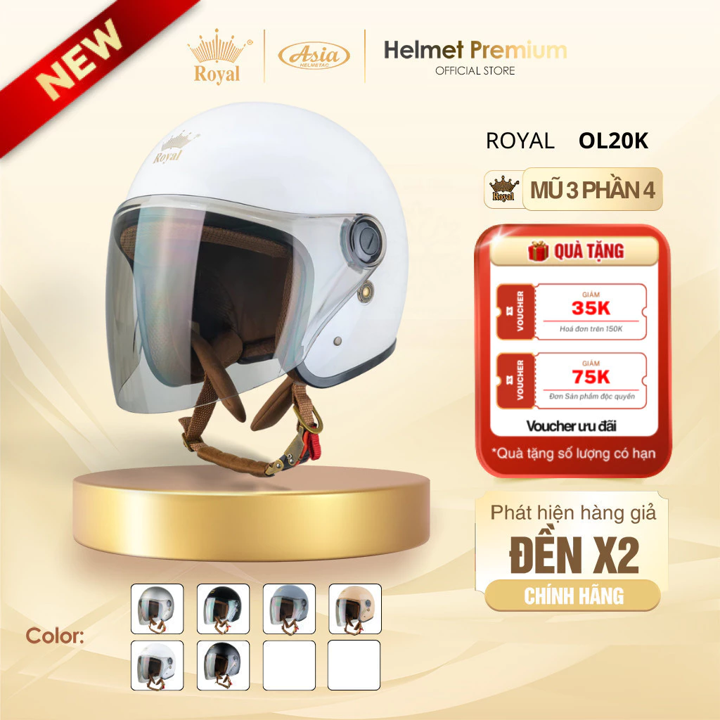 [ĐỘC QUYỀN] Mũ Bảo Hiểm 3/4 Royal OL20 Kính Trà Chính Hãng Cho Nam Nữ, Mũ Bảo Hiểm Cao Cấp