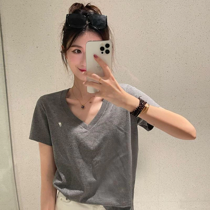 Áo thun ngắn tay thêu Cotton nguyên chất dành cho nữ mùa hè Slim Fit American Classic