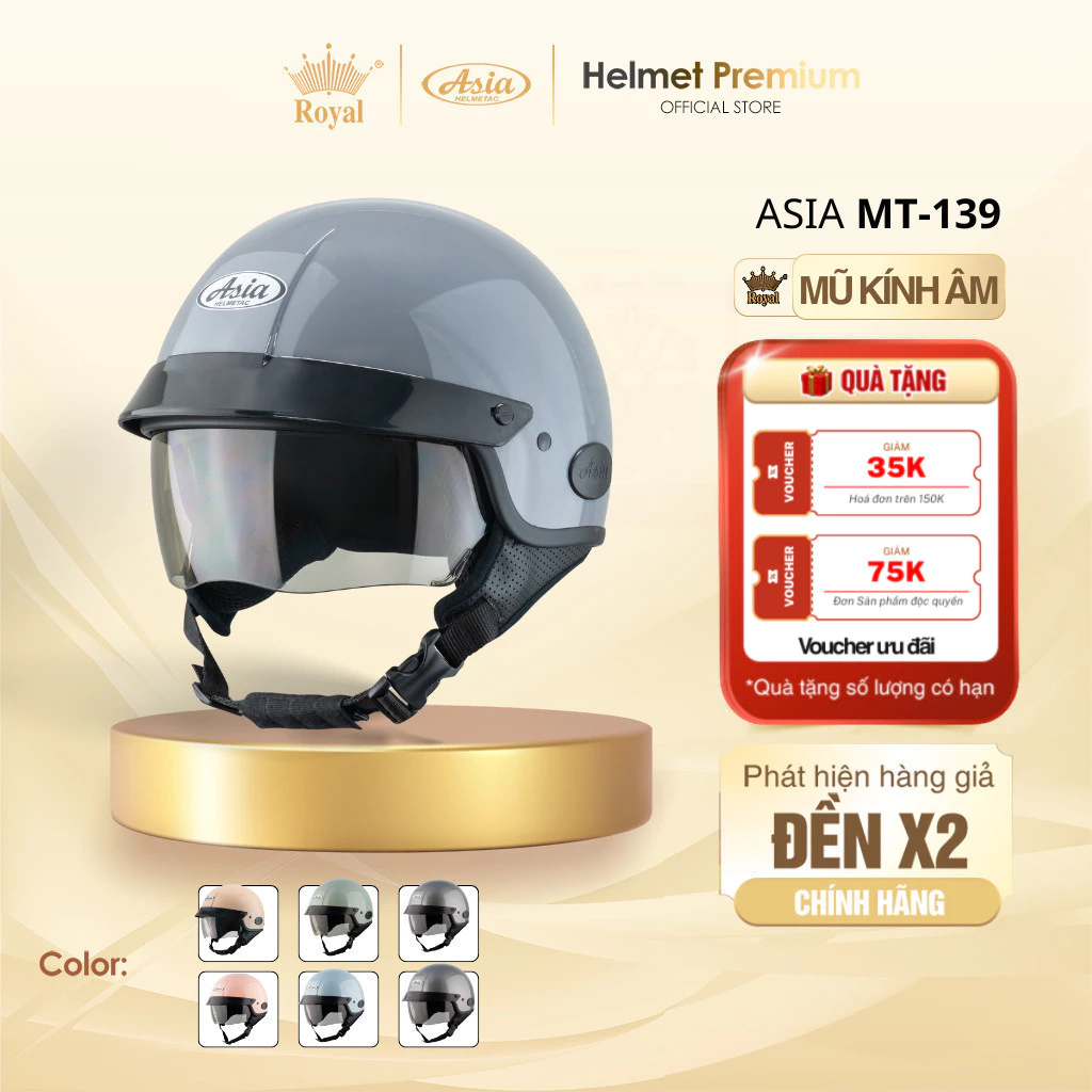 Mũ Bảo Hiểm 3/4 Asia MT139 Kính Trà, Nón Bảo Hiểm Thời Trang Nam Nữ Chính Hãng, Có Ốp Tai Cao Cấp