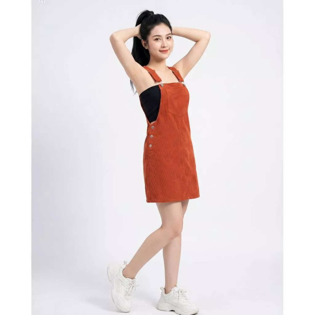 Đầm Overall/Yếm Nữ Nhung Tăm Màu Gạch Cua (Không gồm áo ống)