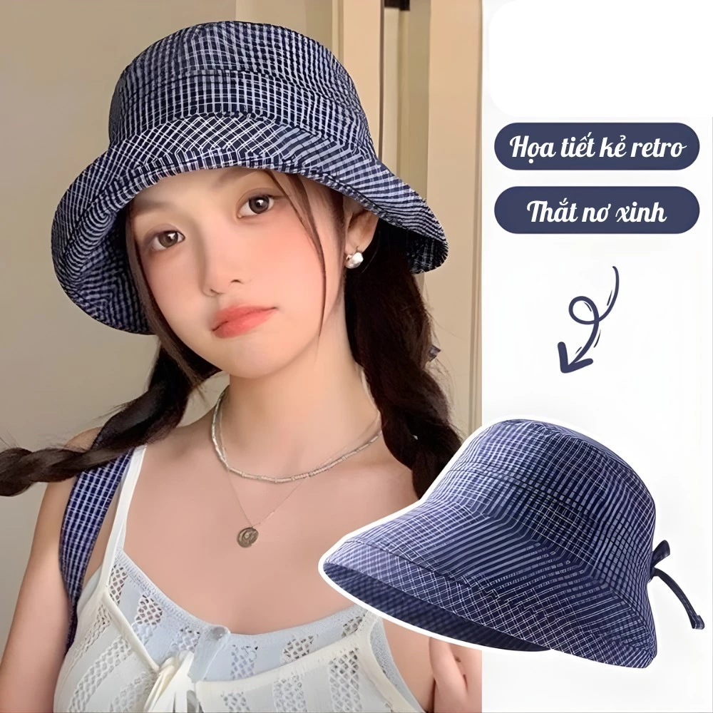 Mũ Bucket Kẻ Caro Retro Thắt Nơ, Nón Xô Nữ Chống Nắng, Dễ Thương Thời Trang Đi Biển Dạo Phố