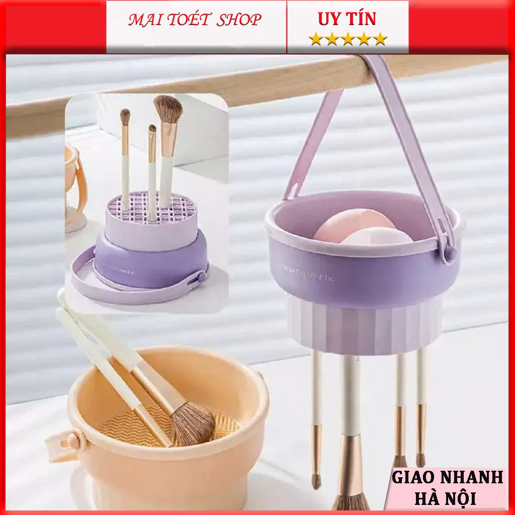 2 In 1 Giỏ Silicon Làm Sạch Giá Phơi Khô Cọ Trang Điểm Dụng Cụ Vệ Sinh Cọ Trang Điểm Tiện Dụng