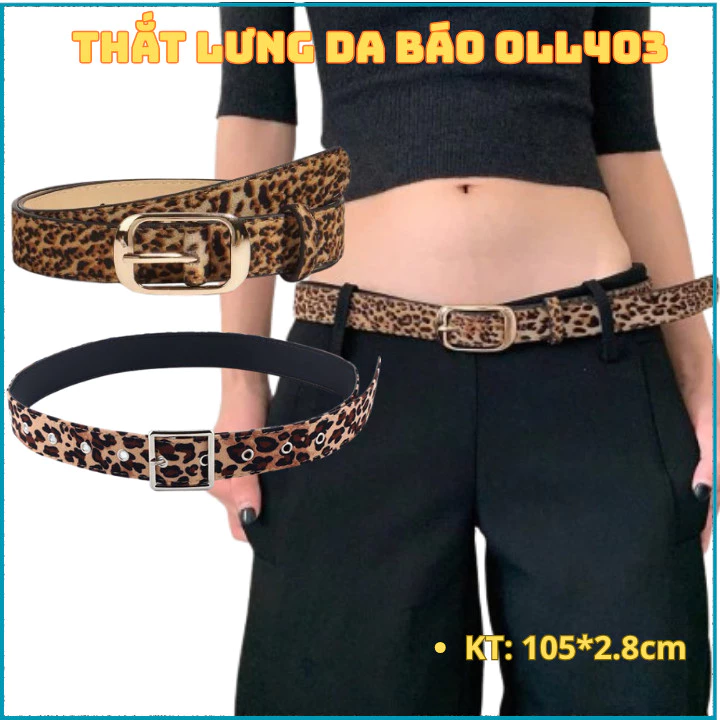 Thắt lưng nam nữ da báo Y2K khóa tròn vàng, dây nịt da beo họa tiết da lộn phong cách OLL404