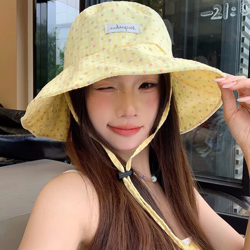 Mũ Hoa Nhí Pastel Vành Rộng Chống Nắng Mùa Hè, Mũ Bucket Có Dây Buộc Chống Gió, Vải Thoáng Mát
