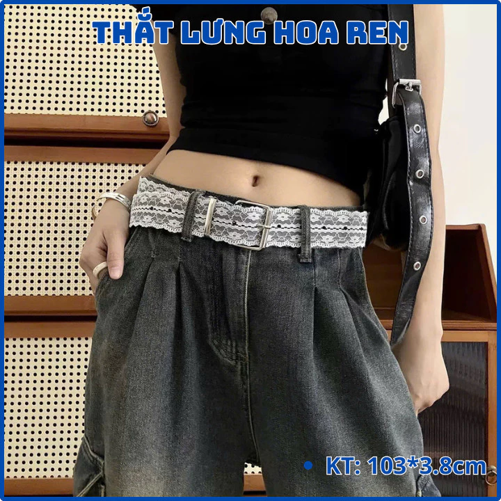 Thắt lưng  Y2K nữ khóa hoa ren màu trắng  3.8cm, dây nịt belt có thể điều phong cách Retro OLL402