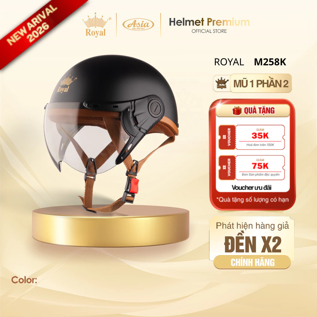 [Độc Quyền] Mũ Bảo Hiểm Nữa Đầu Có Kính Royal M258K Kính Trà, Thiết Kế An Toàn Thời Trang Chính Hãng