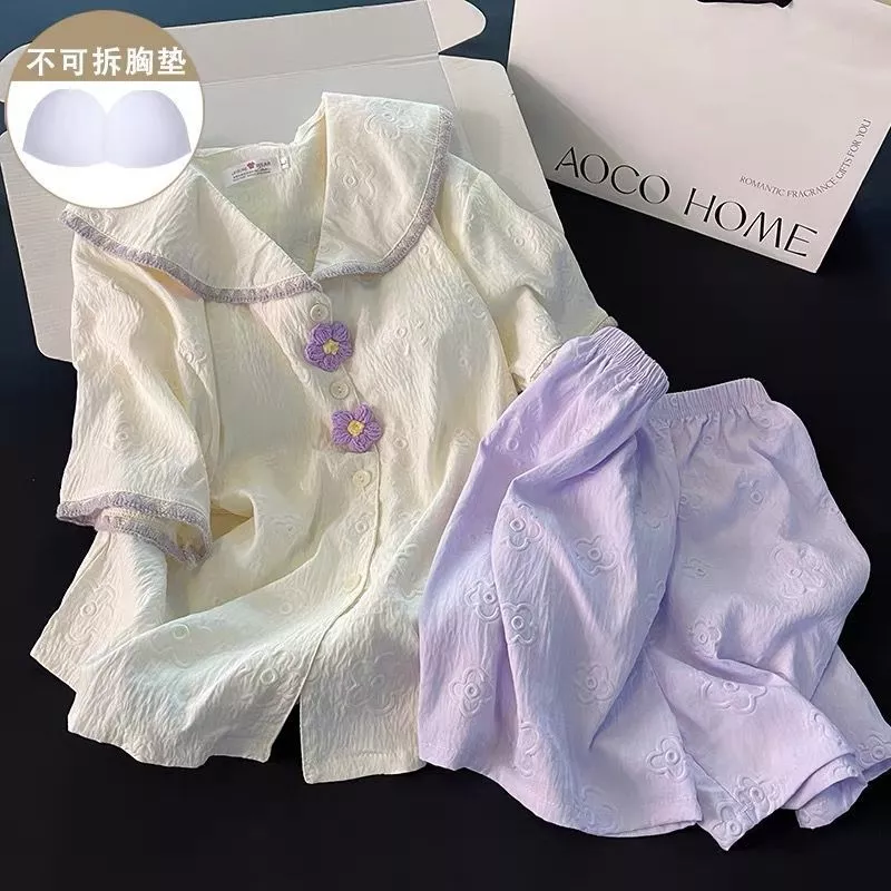[Pre-Order]-Bộ đồ ngủ mùa hè nữ có đệm ngực, chất liệu cotton mềm mại, màu tím, phong cách đồng quê
