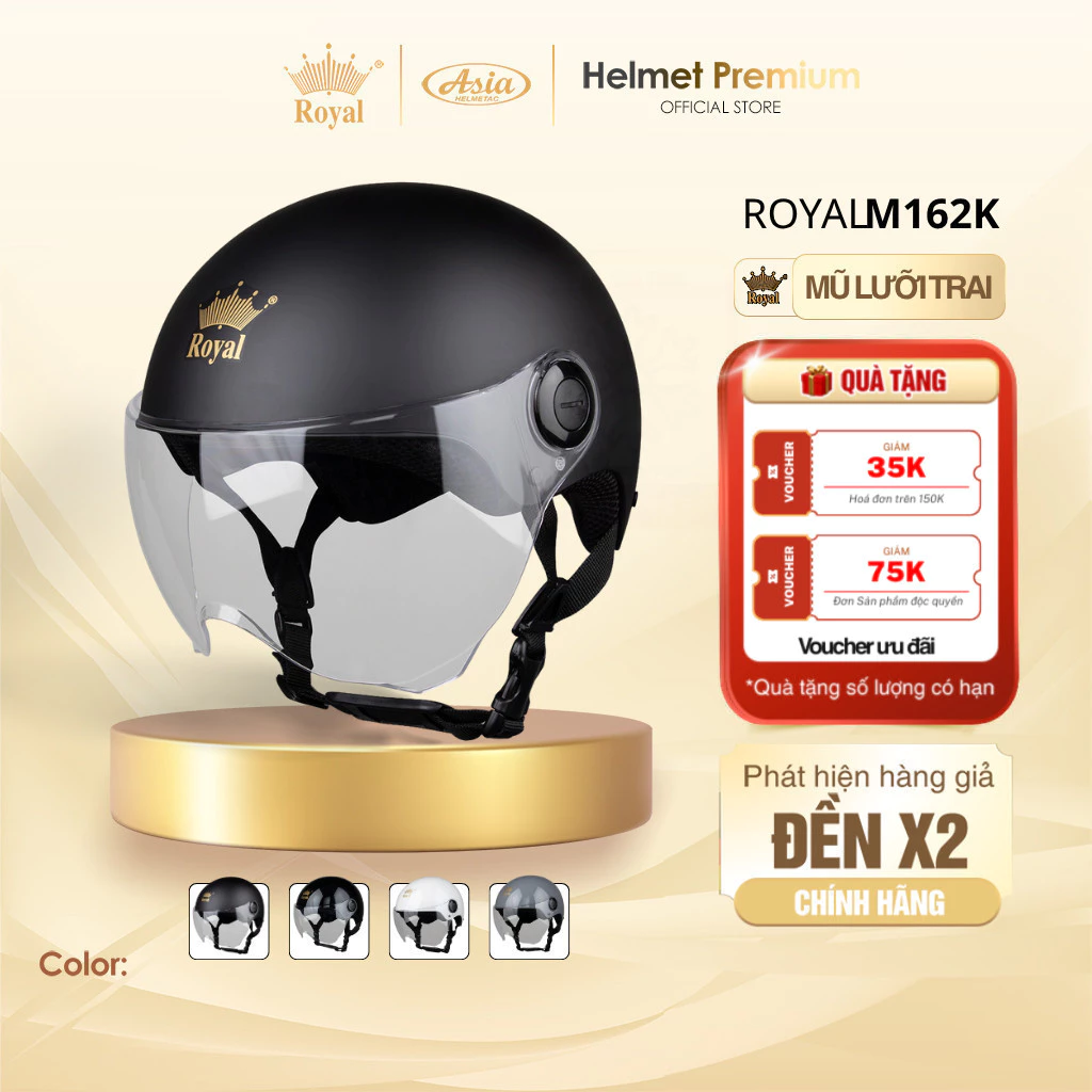 Mũ Bảo Hiểm Nửa Đầu Nam Nữ Royal M162 Kính Trắng Chính Hãng, Nón Bảo Hiểm 1/2 Có Kính Chống Nắng