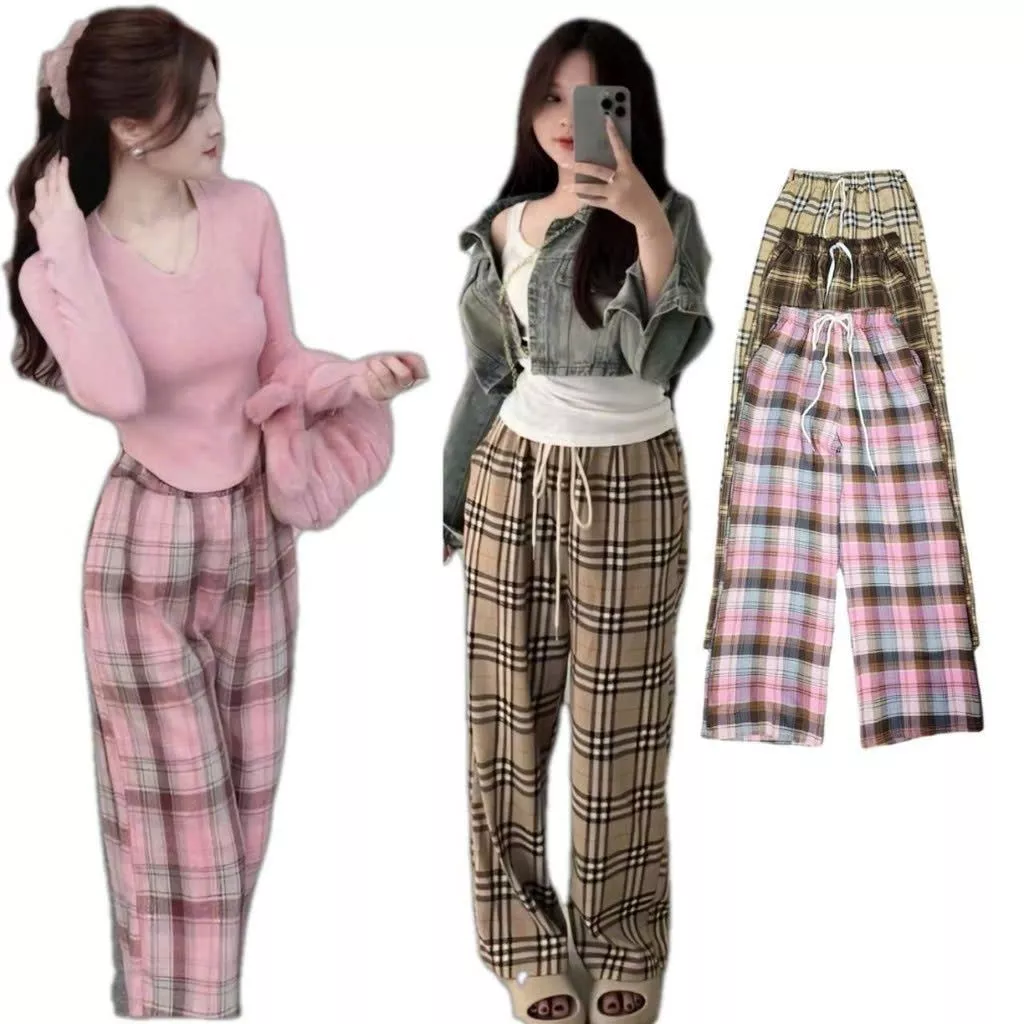 Quần Kẻ Caro dáng suông ống rộng, chất thô mềm dày dặn Hot Trend