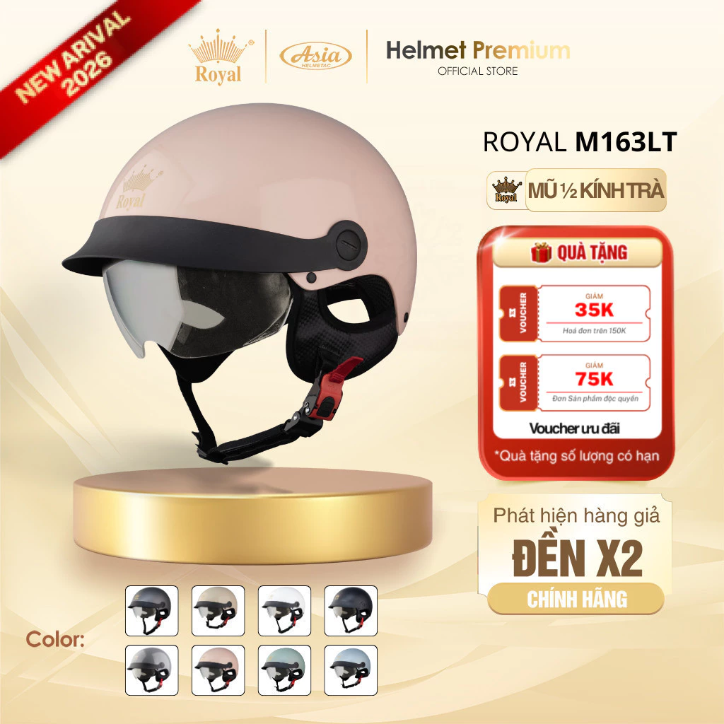 [Độc Quyền] Mũ Bảo Hiểm Nữa Đầu Royal M163 Kính Trà Lưỡi Trai, Nón Bảo Hiểm 1/2 Nam Nữ Kính Âm Chính Hãng
