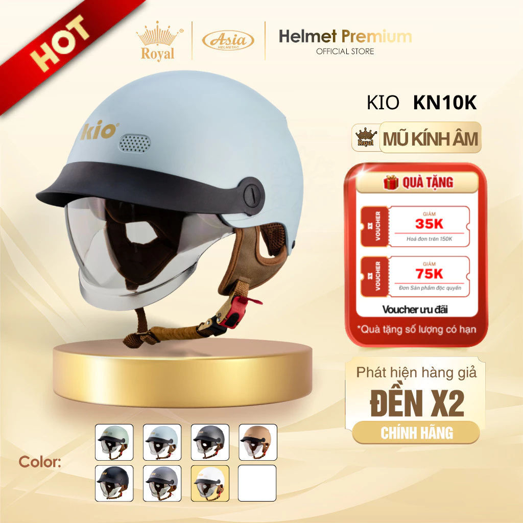 Mũ Bảo Hiểm Nam Nữ Nửa Đầu Kio KN10K Kính Trà Lưỡi Trai, Nón Bảo Hiểm 1/2 Kính Âm Hạn Chế Tia UV