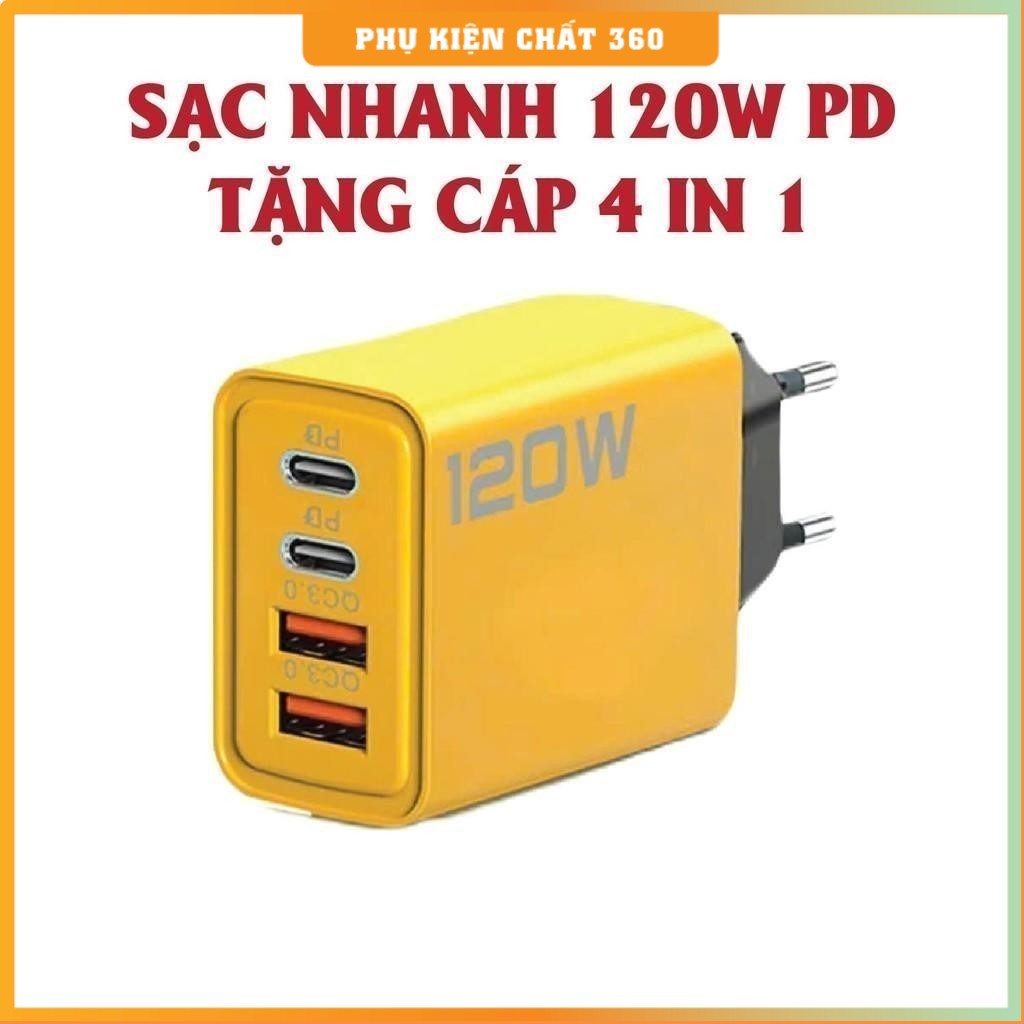 Cốc sạc 4 cổng, 120W gồm: 2 cổng Type C + 2 cổng USB - Củ sạc 120W, Bộ sạc USB…