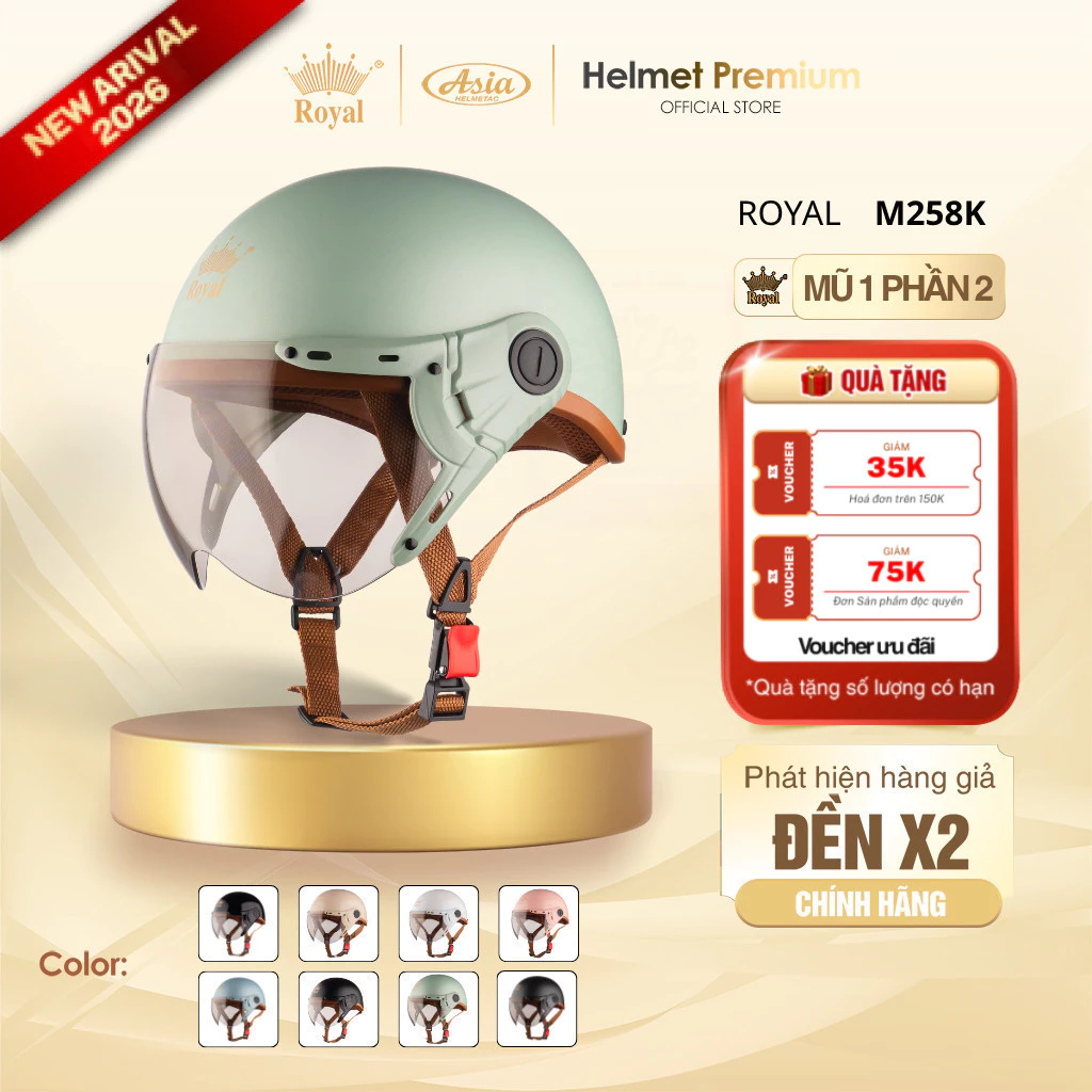 [Độc Quyền] Mũ Bảo Hiểm Nữa Đầu Có Kính Royal M258K Kính Trà, Xanh Mint Và Nhiều Màu Sơn Chính Hãng
